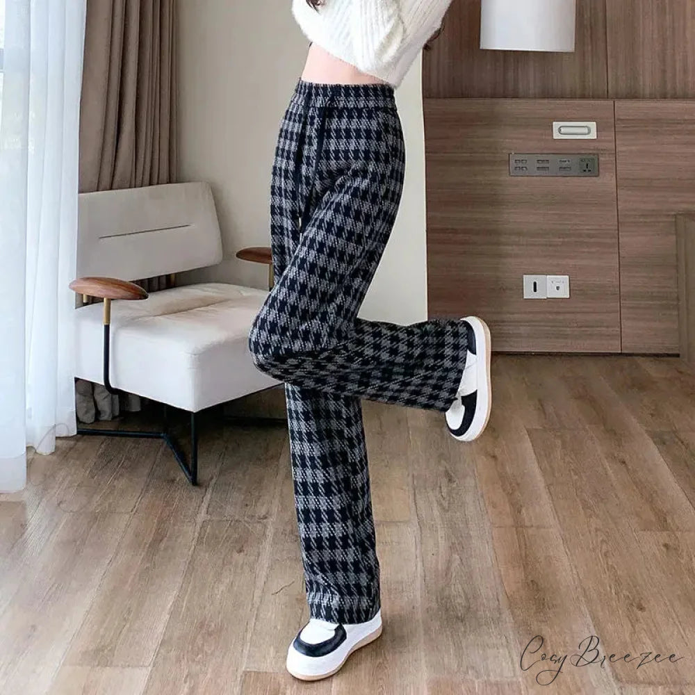 Plaid Drawstring Relaxed Wide Leg Pants Blue / S pants-241228