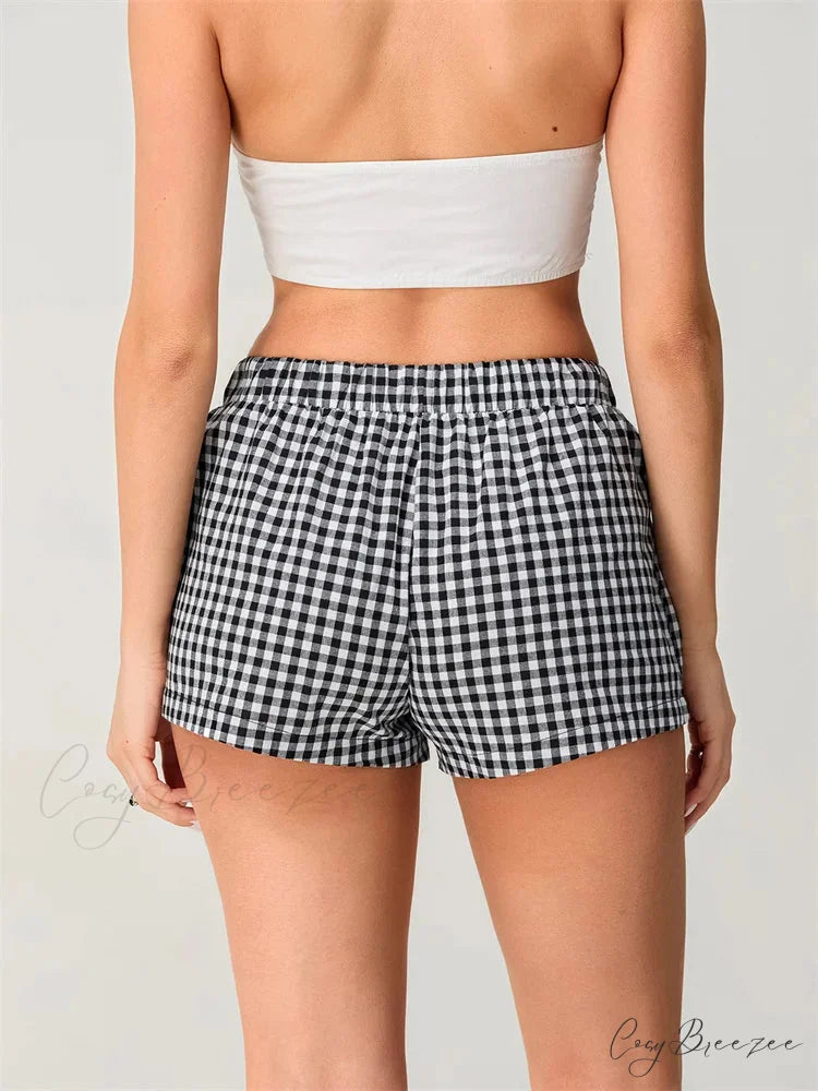 Plaid Elastic Waist Loose Shorts short-250223