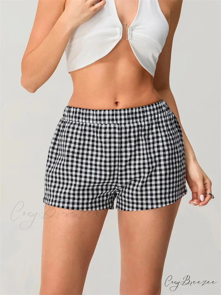Plaid Elastic Waist Loose Shorts short-250223