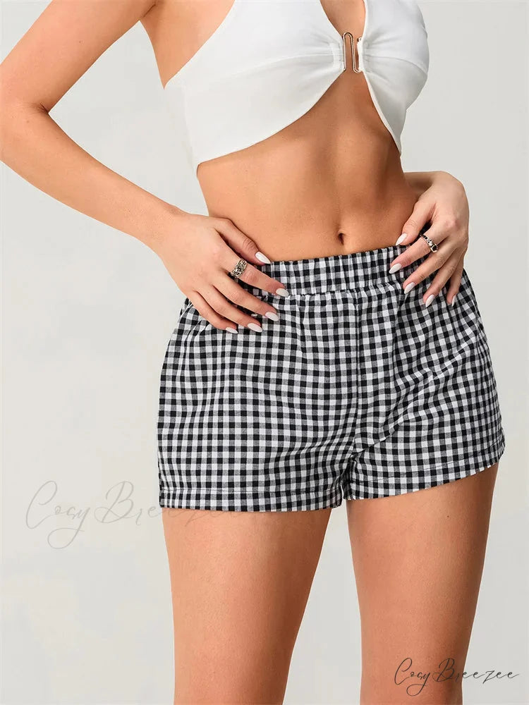 Plaid Elastic Waist Loose Shorts short-250223
