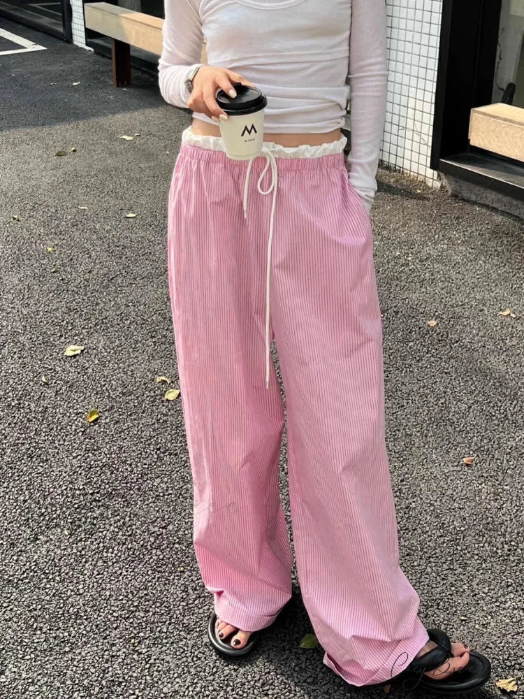 Plaid Elevated-Waist Straight Spacious Nightwear Pant Pink / S pant-250223