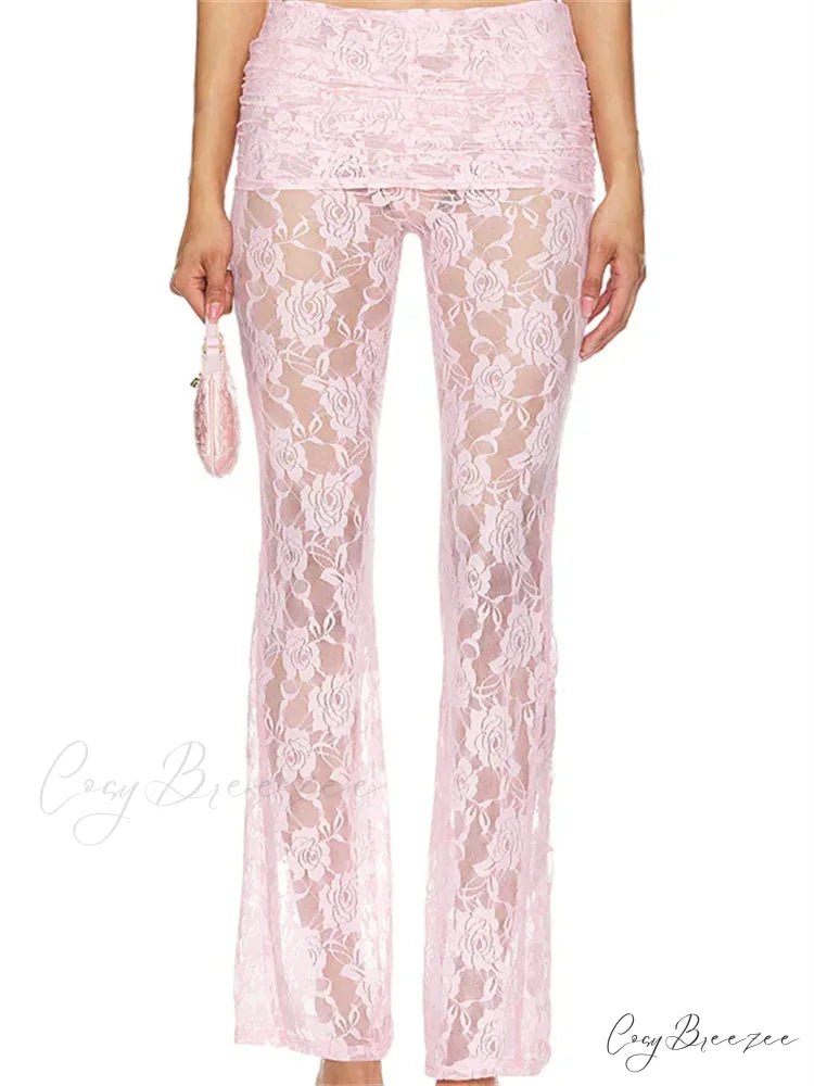 Plaid Flared Pull-Tie Elevated-Waist Casual Pant PINK / S pant-250223
