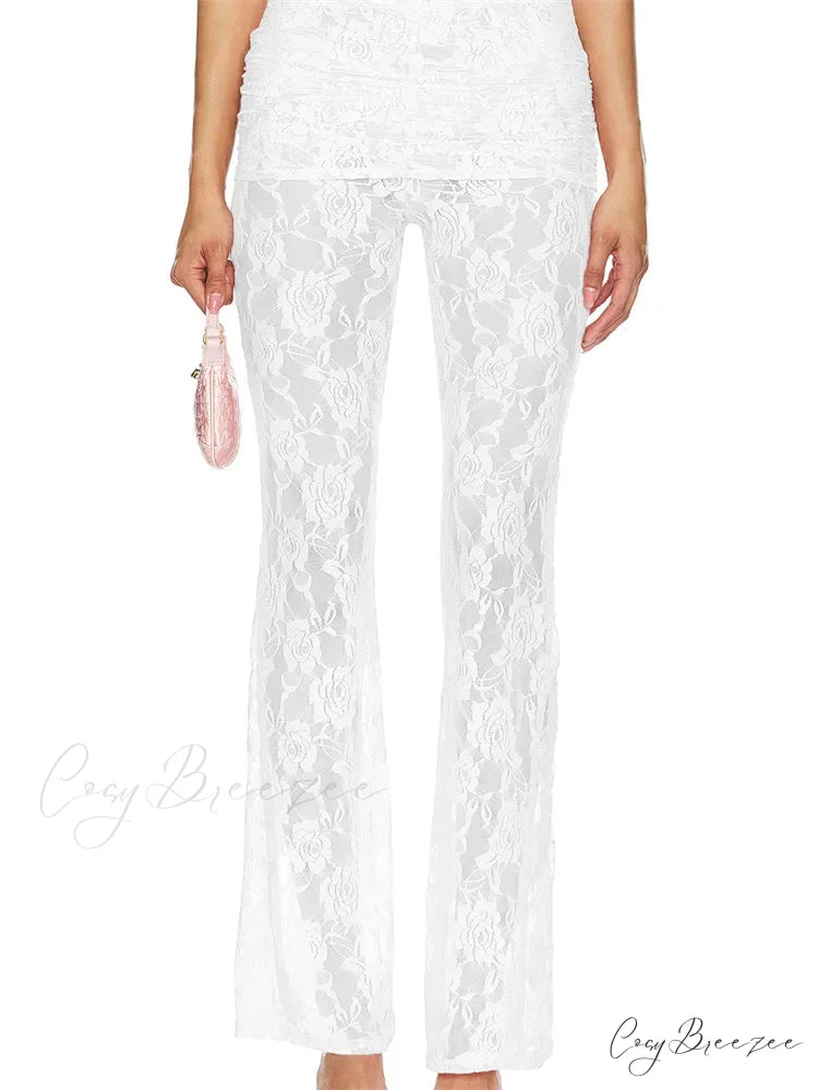 Plaid Flared Pull-Tie Elevated-Waist Casual Pant WHITE / S pant-250223