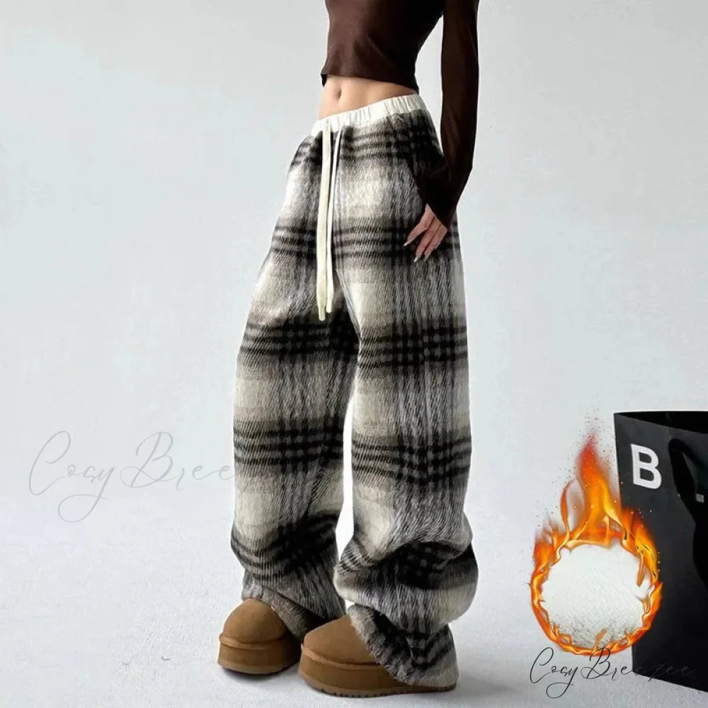 Plaid Fleece High Waist Relaxed Pants pants-241228