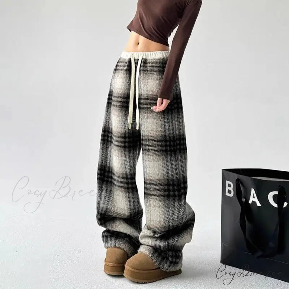 Plaid Fleece High Waist Relaxed Pants pants-241228