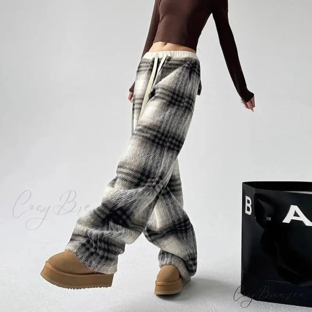 Plaid Fleece High Waist Relaxed Pants pants-241228