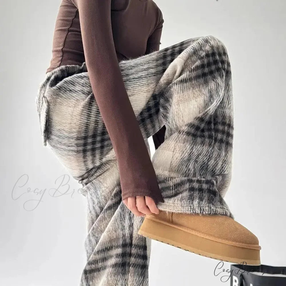 Plaid Fleece High Waist Relaxed Pants pants-241228