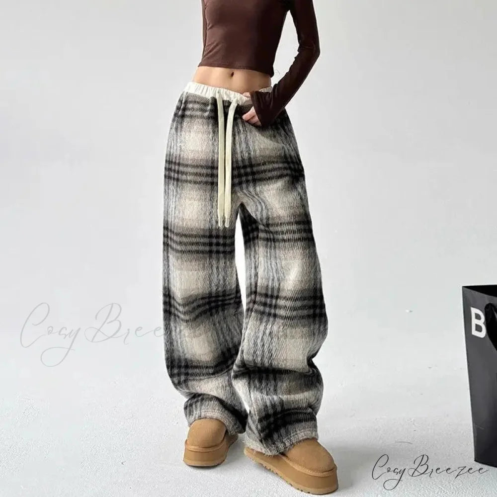 Plaid Fleece High Waist Relaxed Pants Coffee / S pants-241228