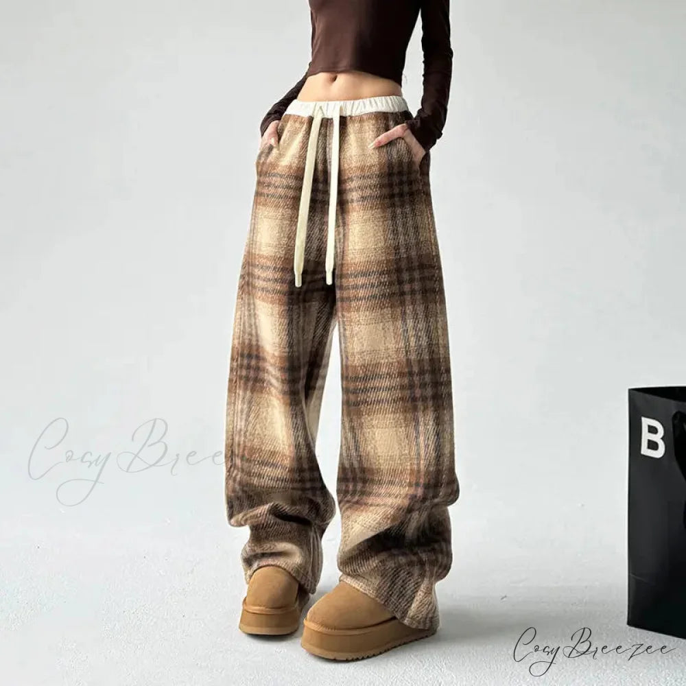 Plaid Fleece High Waist Relaxed Pants Yellow / S pants-241228