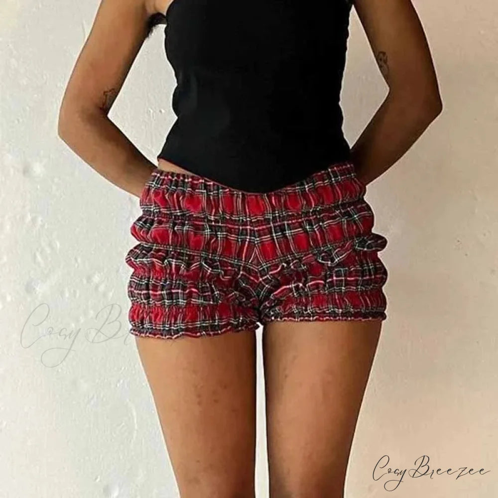 Plaid Frill Tiered Low-Rise Shorts red / S short-250223