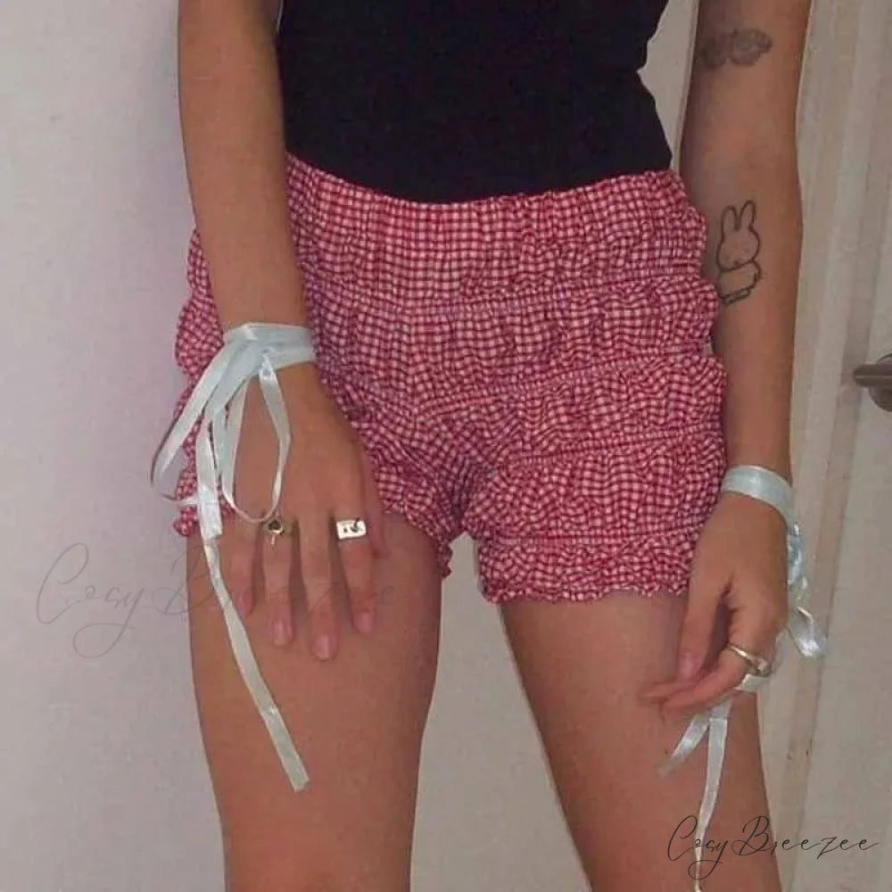 Plaid Frill Tiered Low-Rise Shorts short-250223