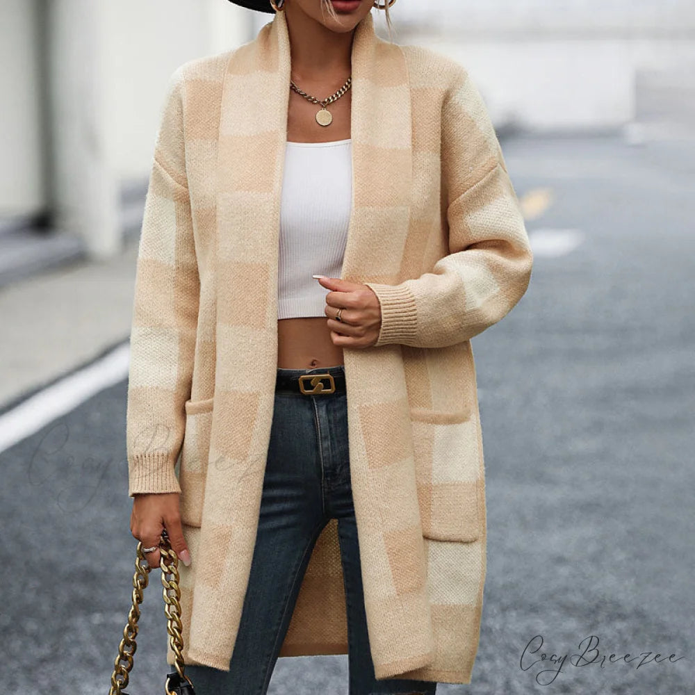 Plaid Knitted Cardigan Apricot / S