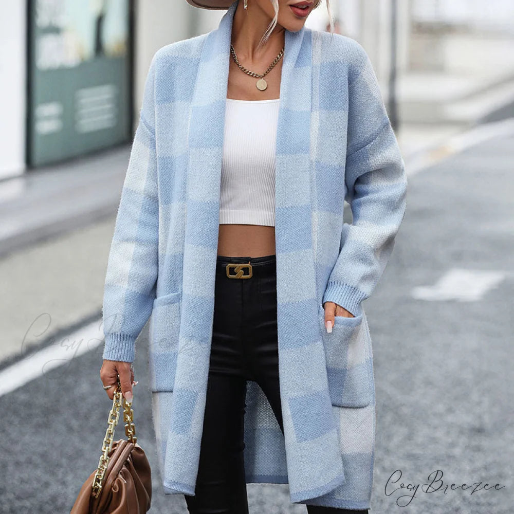 Plaid Knitted Cardigan Blue / S