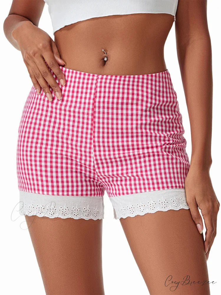 Plaid Lace Crochet Hem Shorts short-250223