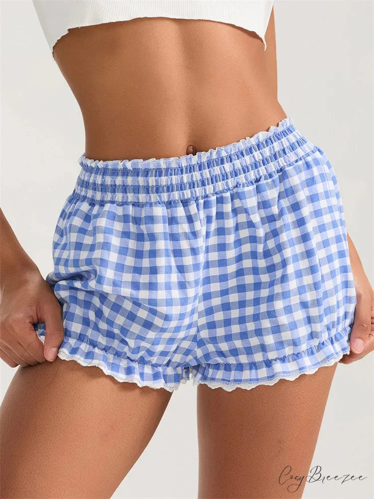 Plaid Lace Ruffle Bloomer Shorts blue / S short-250223