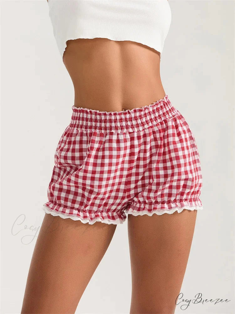 Plaid Lace Ruffle Bloomer Shorts red / S short-250223