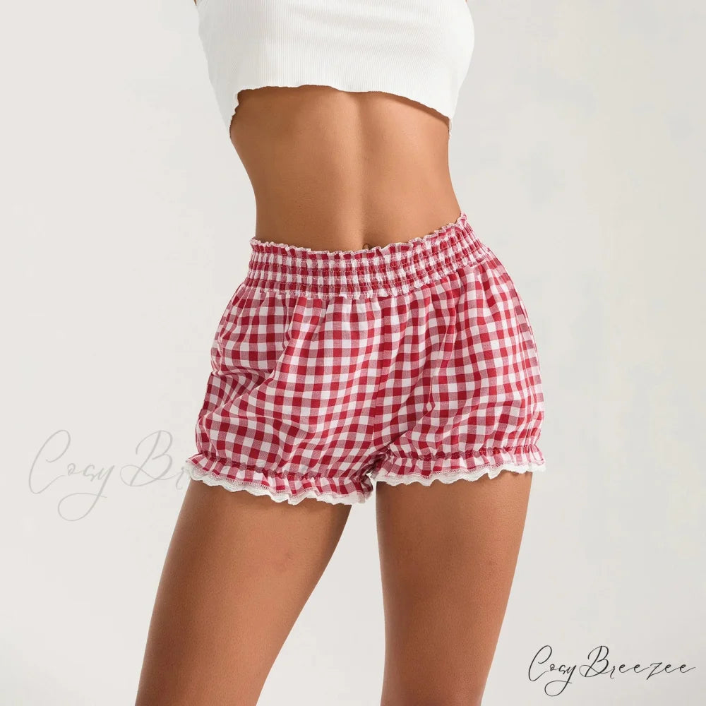 Plaid Lace Trim Elastic Waist Shorts pink / S short-250223