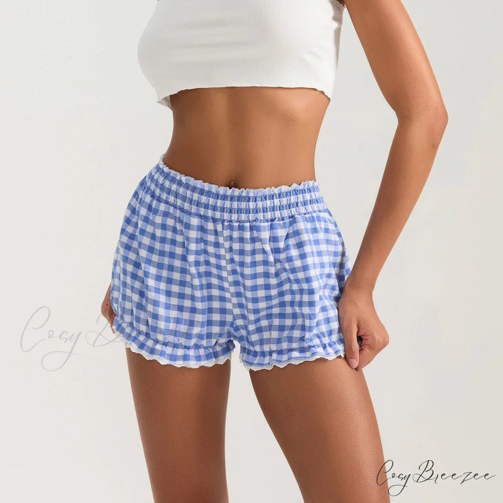 Plaid Lace Trim Elastic Waist Shorts short-250223