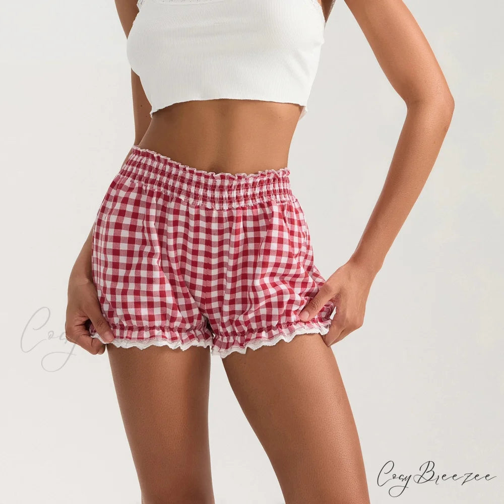 Plaid Lace Trim Elastic Waist Shorts short-250223