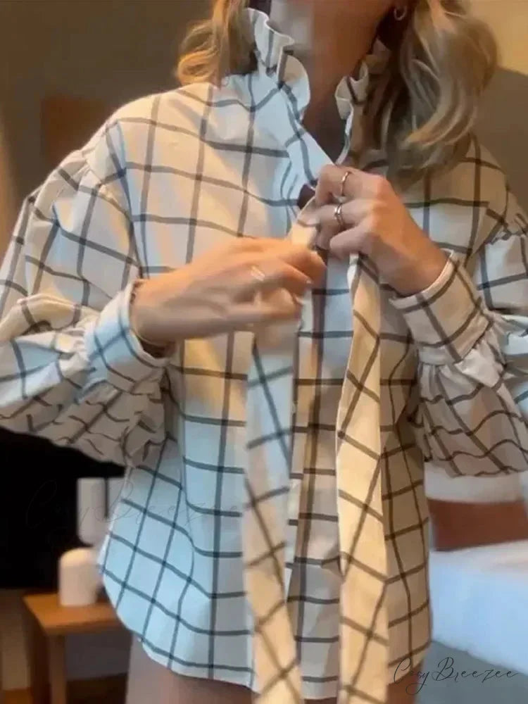 Plaid Long Sleeve Lace Up Single Breasted Crop Top blouse-250126