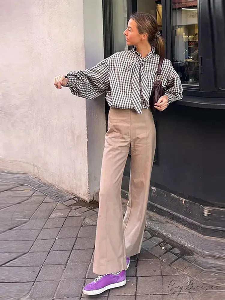 Plaid Long Sleeve Lace Up Single Breasted Crop Top blouse-250126