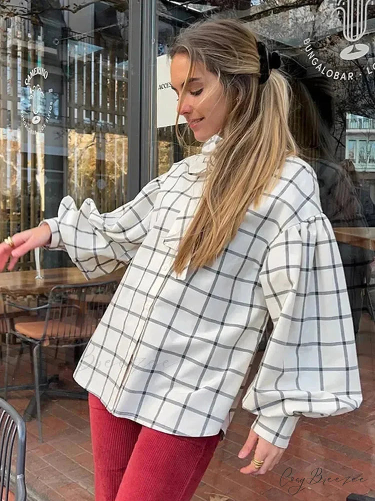 Plaid Long Sleeve Lace Up Single Breasted Crop Top blouse-250126