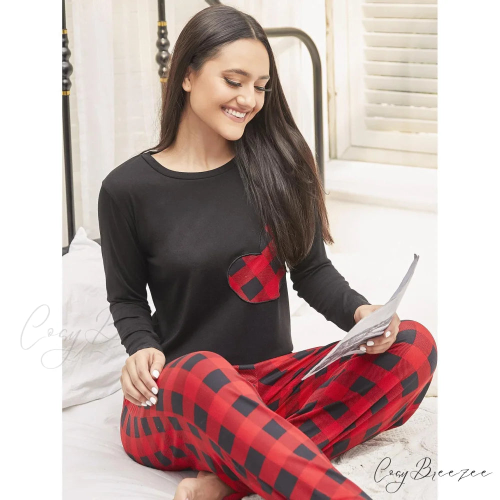 Plaid Long-Sleeve Sleepwear Suit Brown / S