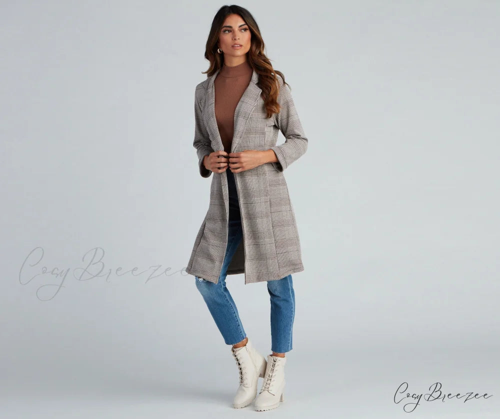 Plaid Longline Blazer by City Chic BROWN / XS