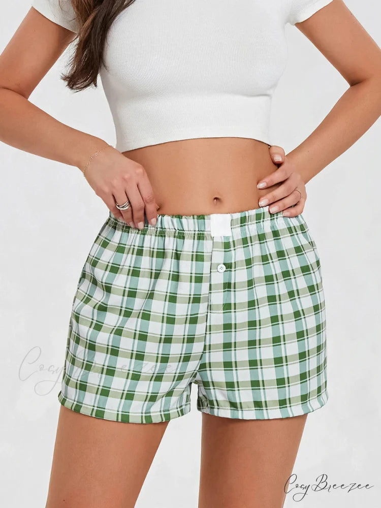 Plaid Loose Lounge Shorts green / S short-250223