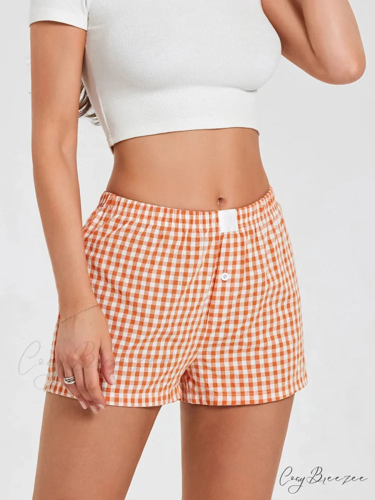 Plaid Loose Lounge Shorts orange / S short-250223