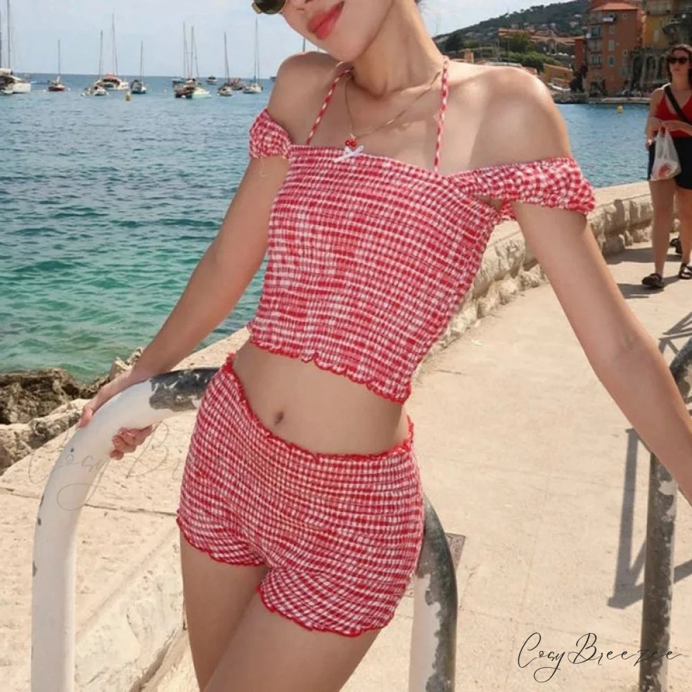Plaid Matching Cropped Tank High Waist Shorts Two Pieces Set twopiecesset-250126