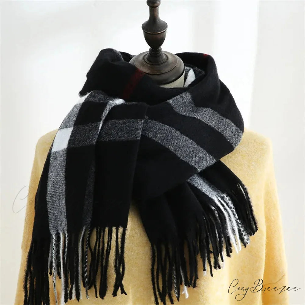 Plaid Mid-length Imitation Cashmere Warm Autumn Winter Scarf black - grey
