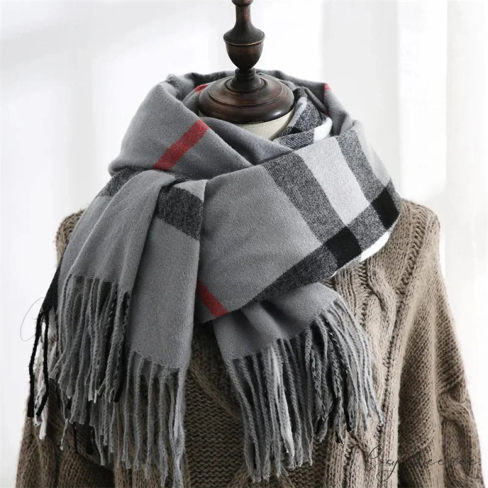 Plaid Mid-length Imitation Cashmere Warm Autumn Winter Scarf grey