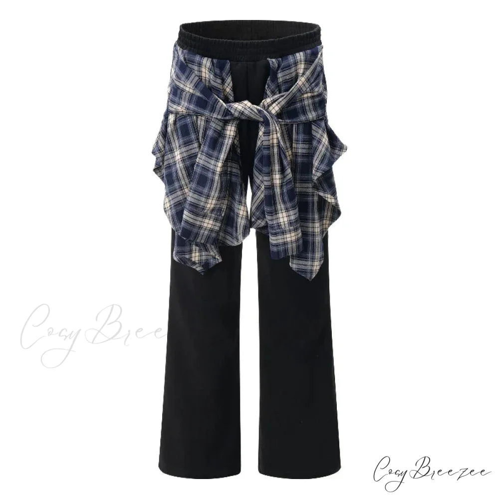 Plaid Patchwork High Waist Pants Black / S pants-241228