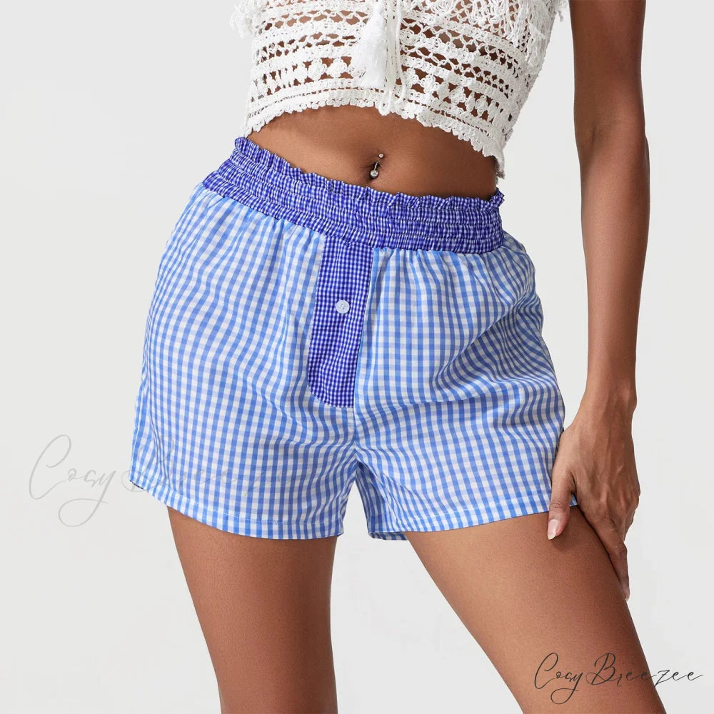 Plaid Patchwork Loose Lounge Shorts Blue / S short-250223