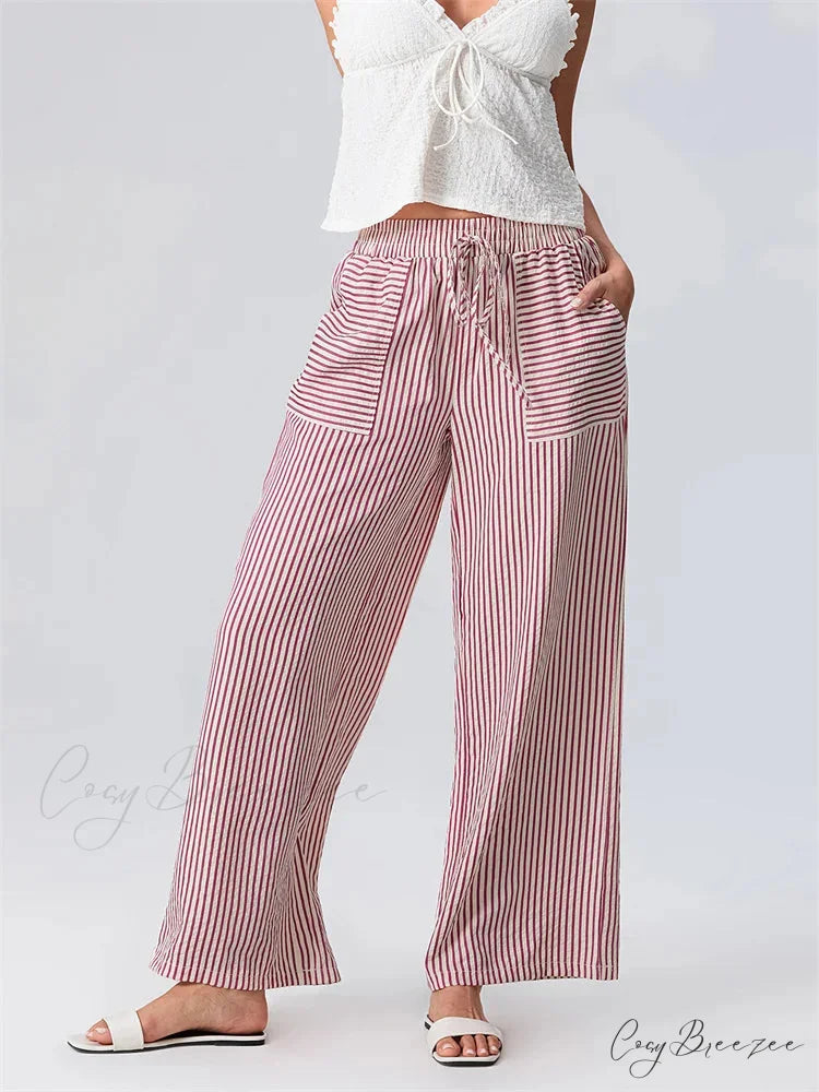 Plaid Pattern Pull-Tie Stretchy Waist Relaxed Pant pant-250223