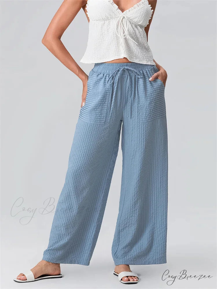 Plaid Pattern Pull-Tie Stretchy Waist Relaxed Pant BLUE / S pant-250223