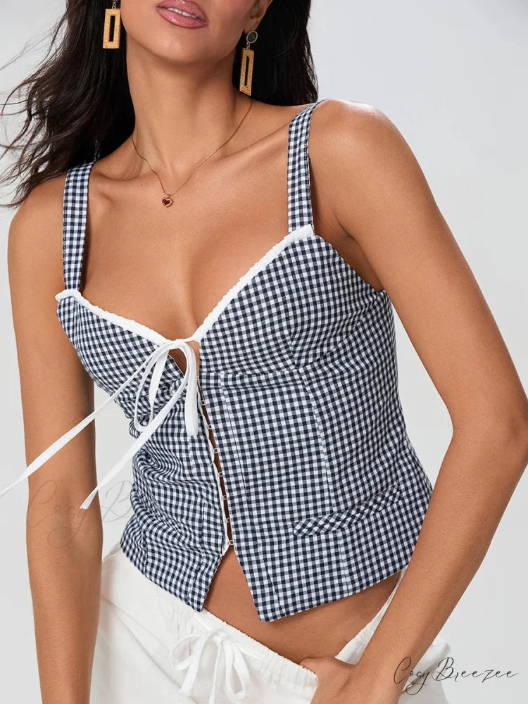 Plaid Print Backless Sleeveless Low Cut Tied Crop Vest croptop-250126