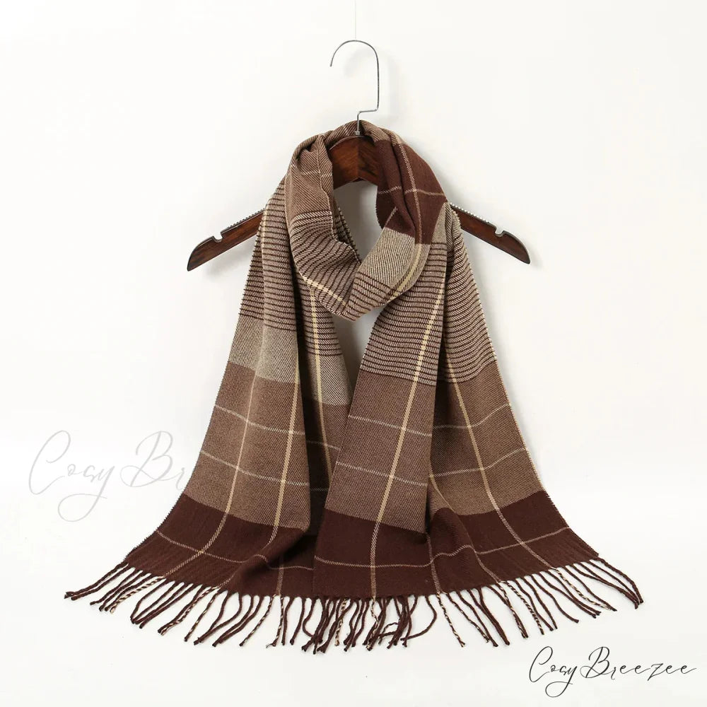 Plaid Print Cashmere Winter Pashmina Scarf with Tassels KHAKI