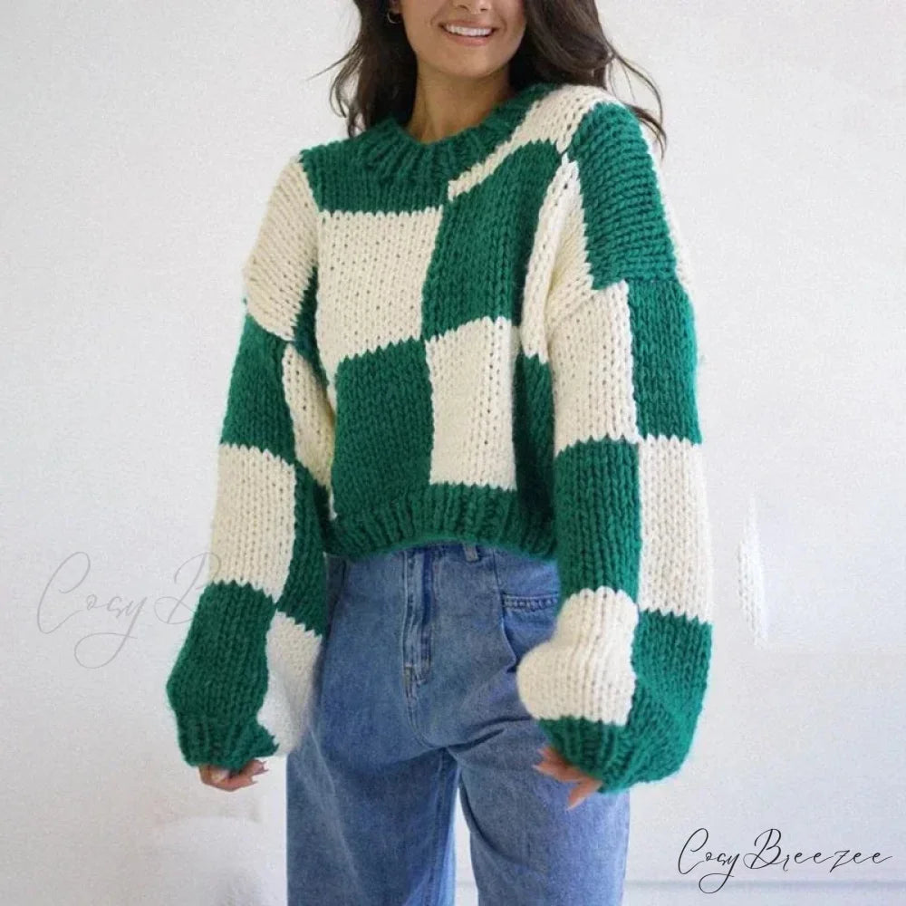 Plaid Print Cropped Comfy Sweater Green / S swraters-241228