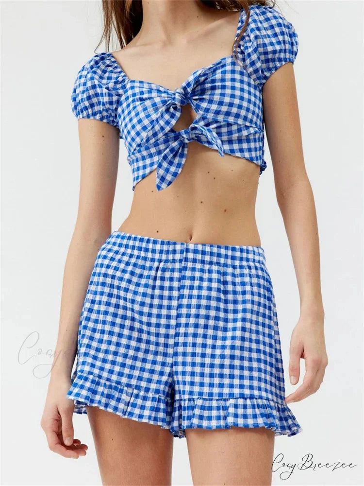 Plaid Print Knotted Short Sleeve T-shirt Top with Elastic Waist Shorts Set BLUE / S twopiecesset-250126