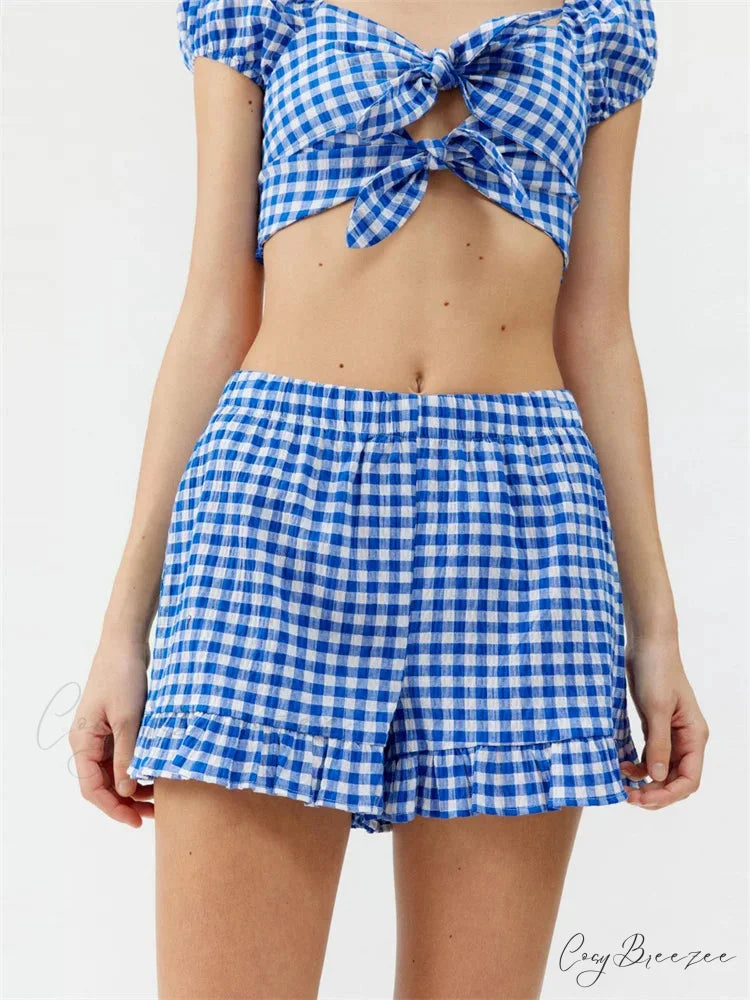 Plaid Print Knotted Short Sleeve T-shirt Top with Elastic Waist Shorts Set twopiecesset-250126
