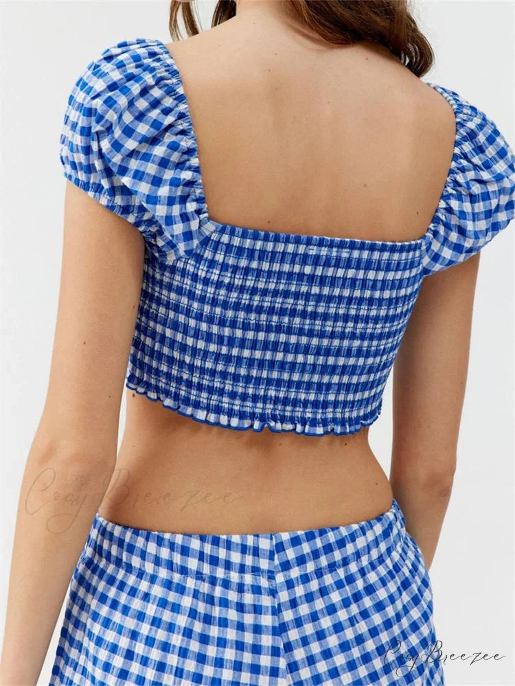 Plaid Print Knotted Short Sleeve T-shirt Top with Elastic Waist Shorts Set twopiecesset-250126