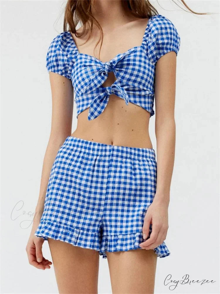 Plaid Print Knotted Short Sleeve T-shirt Top with Elastic Waist Shorts Set twopiecesset-250126
