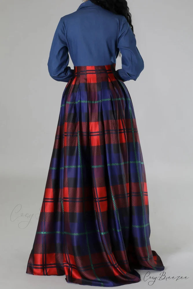 Plaid Printed Shirt Dress with Lapel Red / 2XL