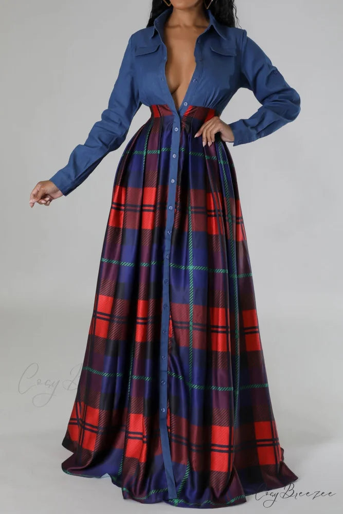 Plaid Printed Shirt Dress with Lapel Red / L