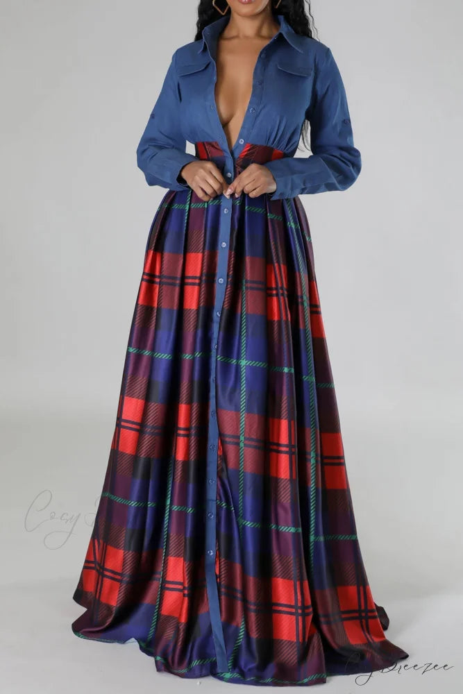 Plaid Printed Shirt Dress with Lapel Red / M
