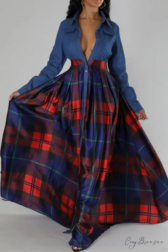 Plaid Printed Shirt Dress with Lapel Red / S