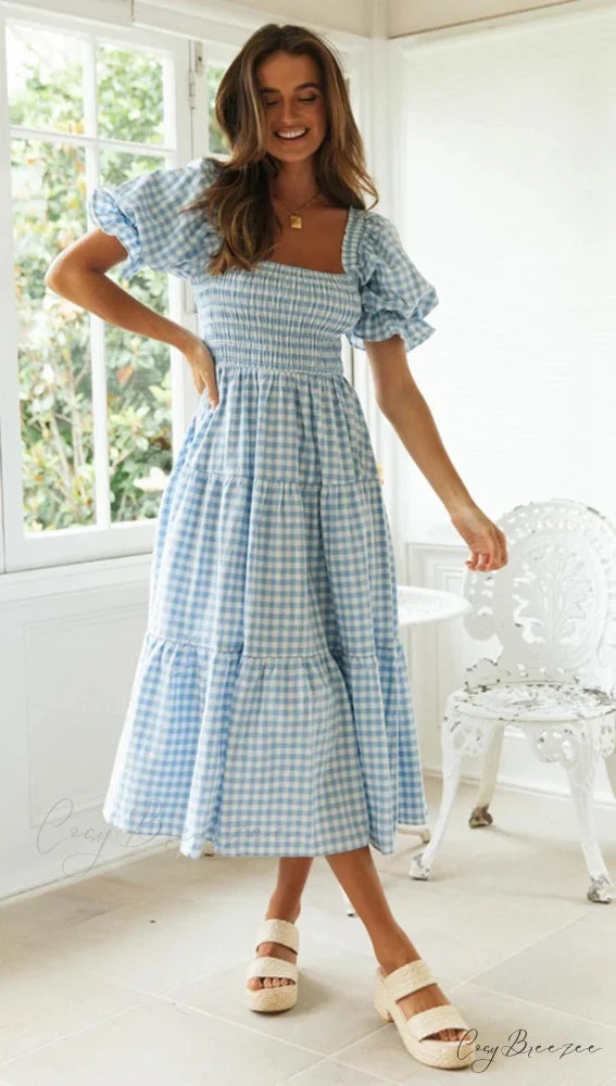 Plaid Puff Stylish Sleeve Midi Dress
