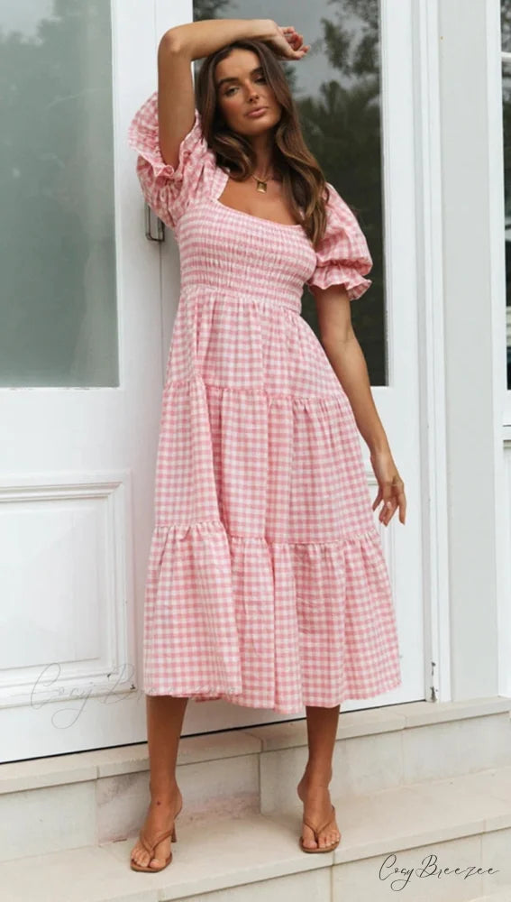 Plaid Puff Stylish Sleeve Midi Dress